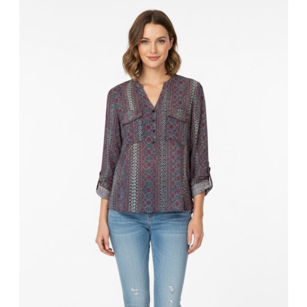 BONGO Semi Sheer Drop Tail Hem Blouse, Women’s L, Blue Red Black White